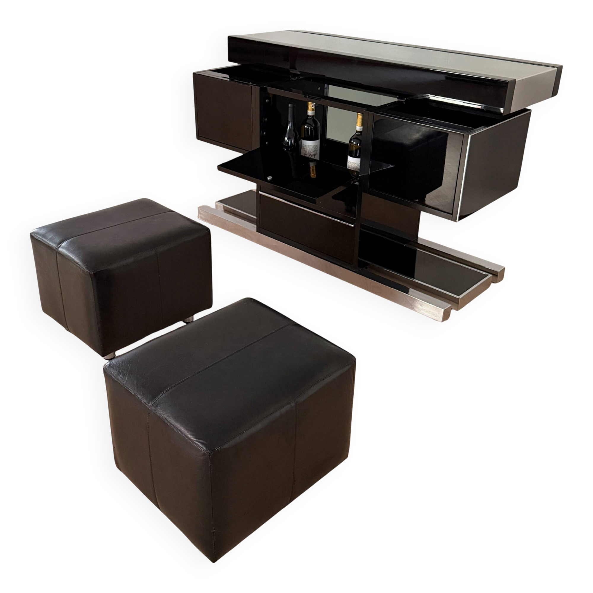 Willy Rizzo Dry Bar, Black Lacquer, Chrome, Leather, Italy circa 1970