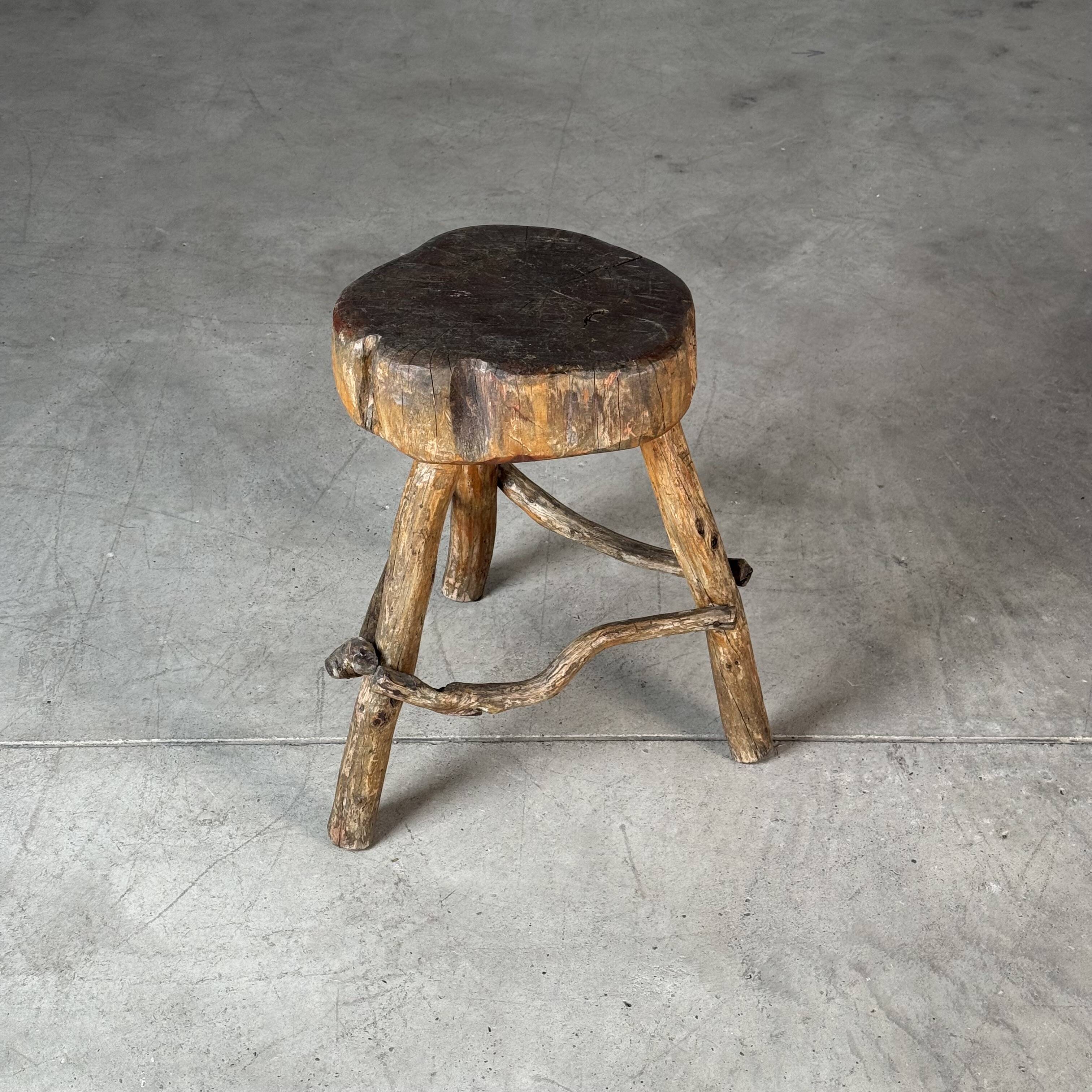 Late 19th Century Rustic Alpine Stool from Valle d'Aosta, Italy
