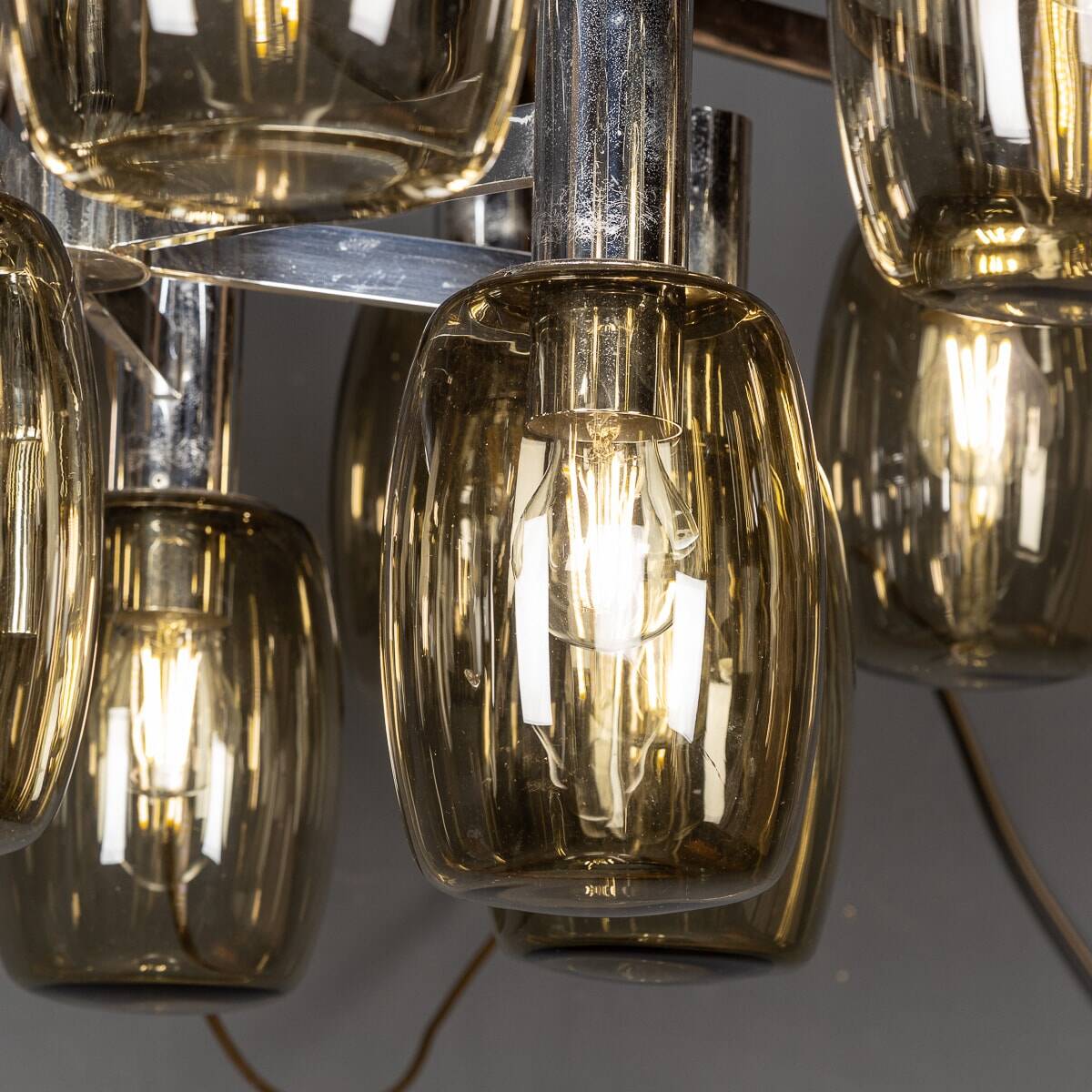 20thC ITALIAN CHROME & SMOKED GLASS EIGHTEEN LIGHT CHANDELIER c.1970
