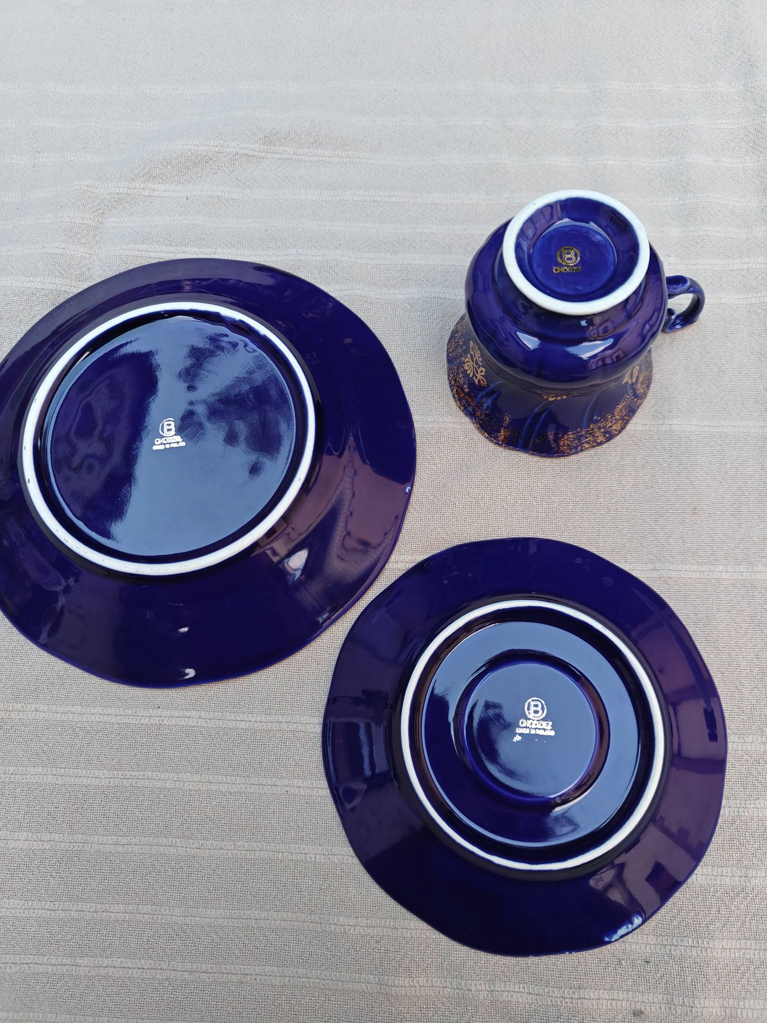 Superb Coffee/Tea Trio in Cobalt Blue & Gold Porcelain - Chodzież Poland