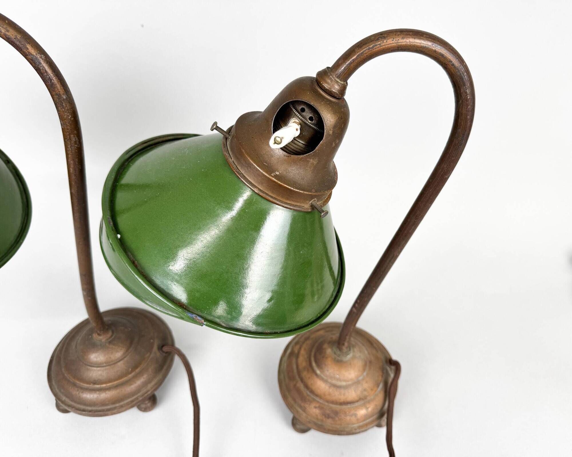 Pair of Unique 1920's Enamel & Cast Iron Desk Lamps, Czechoslovakia