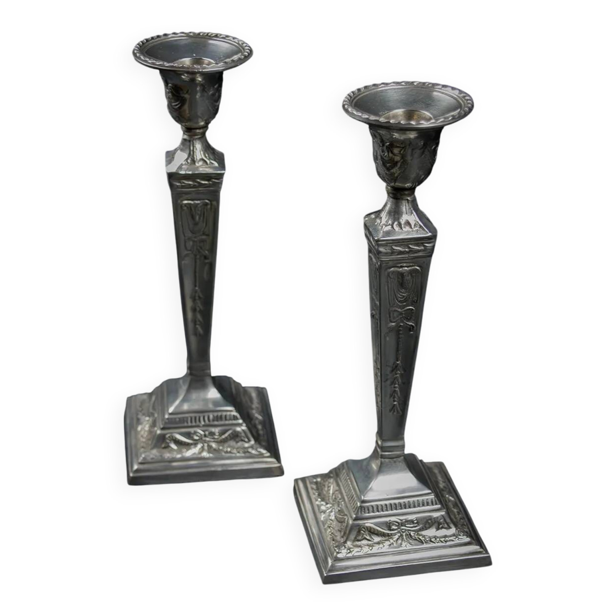 Pair of Neoclassical Victorian Silver Plated Candlesticks