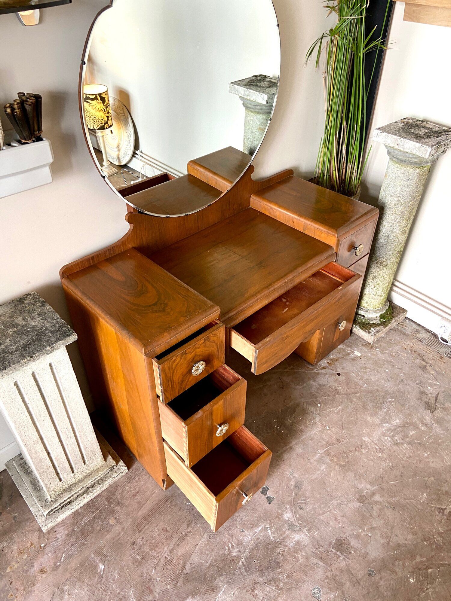 7-drawer wooden dressing table with beveled mirror 1950s