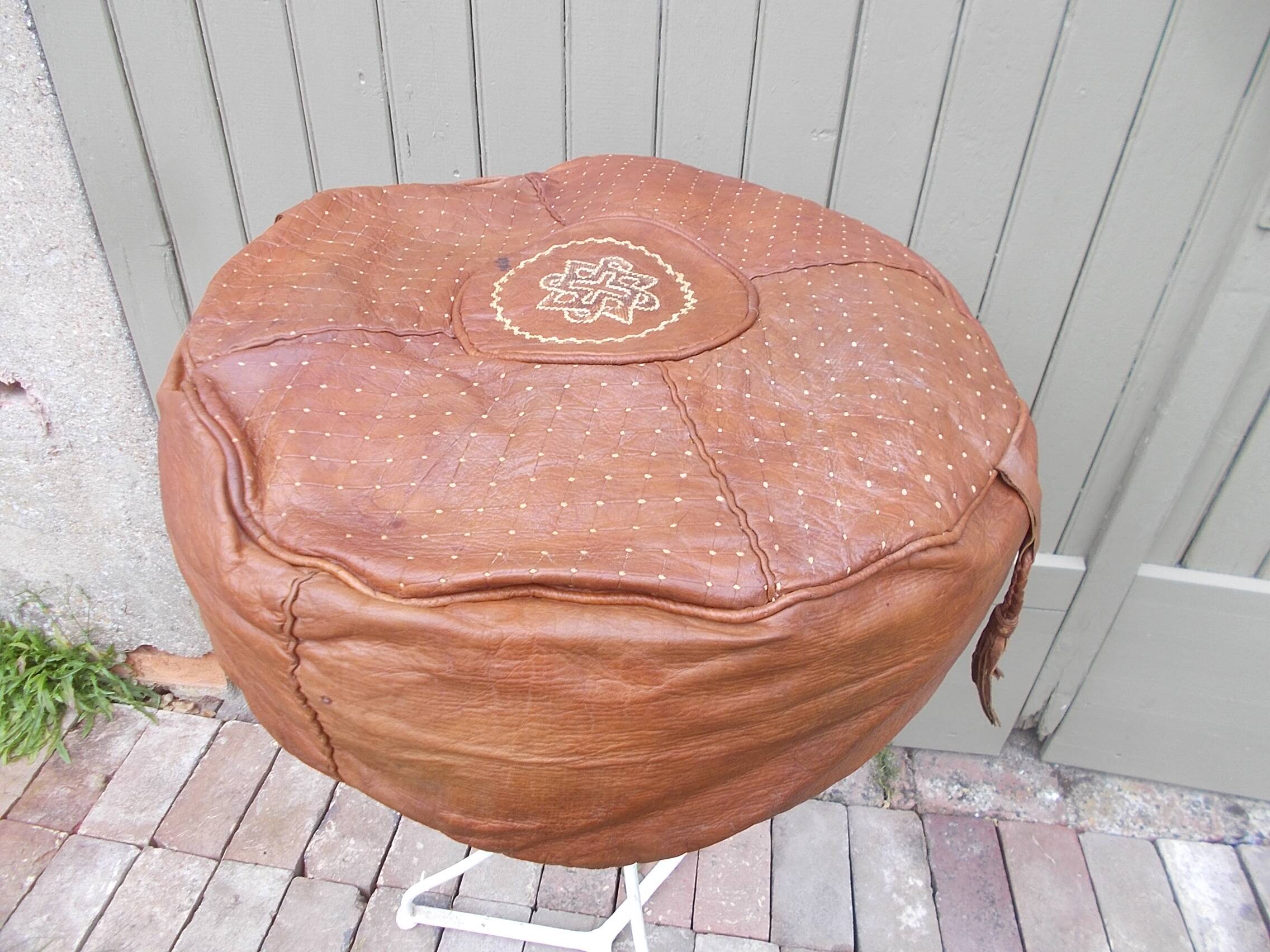 large vintage Moroccan leather pouf