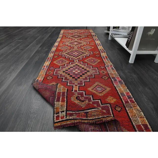 1970s Vintage Turkish Oushak Handmade Wool Cotton Orange Runner Rug 81x293