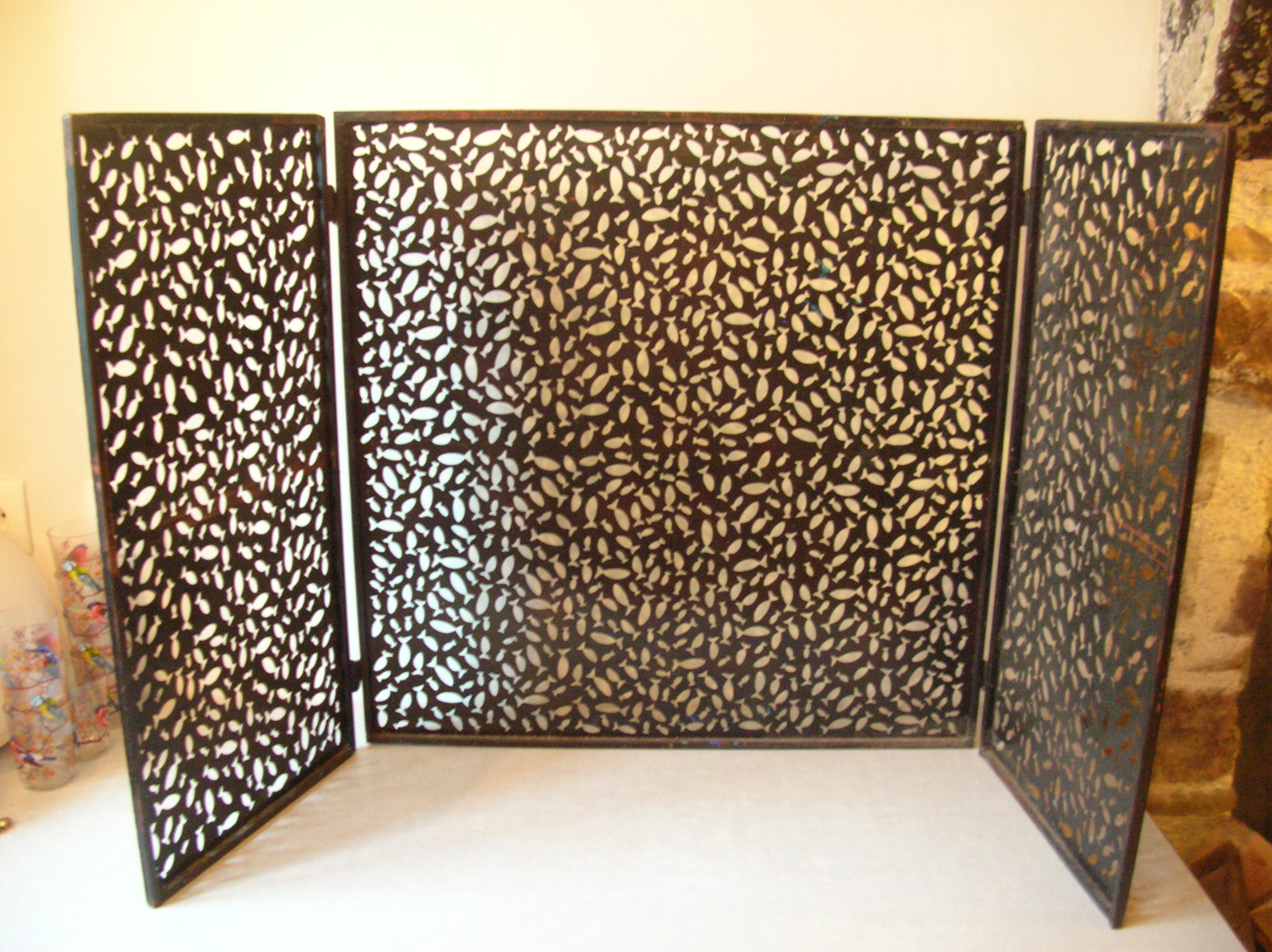 Écran De Cheminée Vintage En Métal Triple Maille - Dimensions 69x53 Cm, Laiton/métal Noir