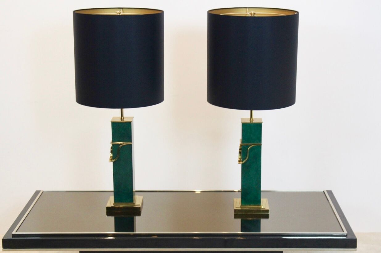 Pair of Green and Brass Mid Century Modern Table Lamps