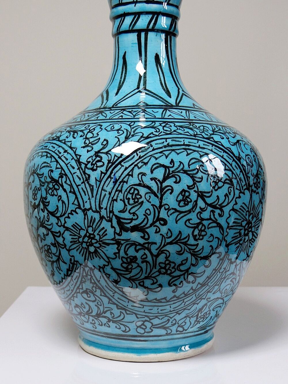Covered vase or Persian jar, glazed Iznik pottery, vintage turquoise painted.