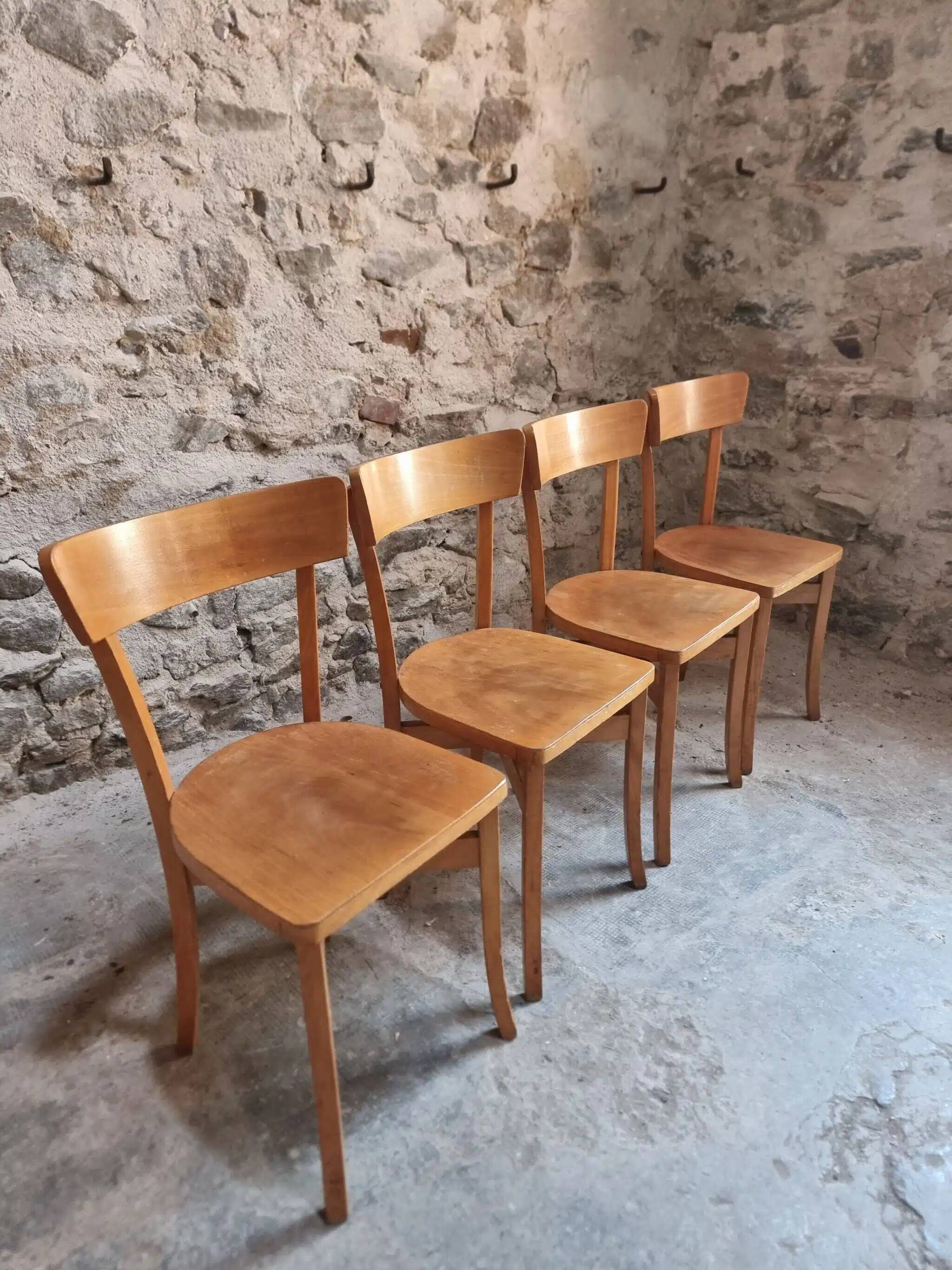 Set of 4 French bistro chairs, beech and plywood, 1960s, mid-century dining chairs.