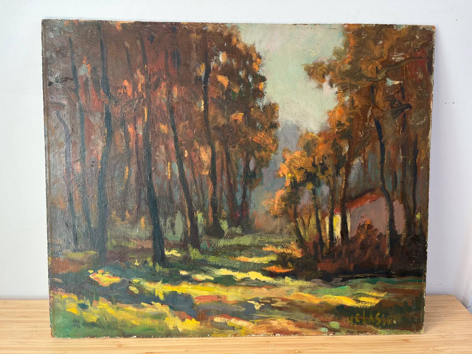 Cabin in the forest, oil on panel, signed H Classens.