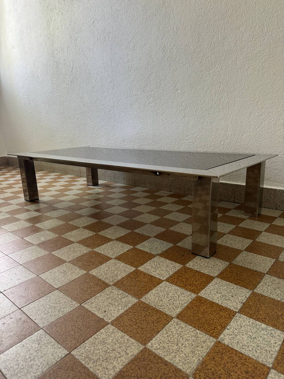 Rectangular coffee table in chrome steel and smoked glass from the 70s