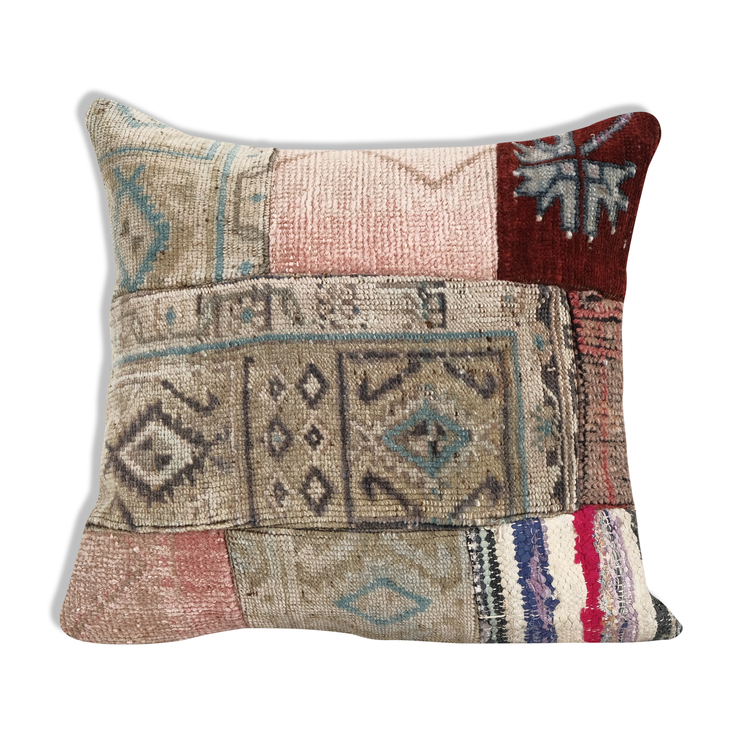 Square Patchwork Kilim Rug Lumbar Pillow Cover, Vintage Wool Kelim Cushion, Tribal Farmohuse Decor