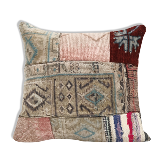 Square Patchwork Kilim Rug Lumbar Pillow Cover, Vintage Wool Kelim Cushion, Tribal Farmohuse Decor