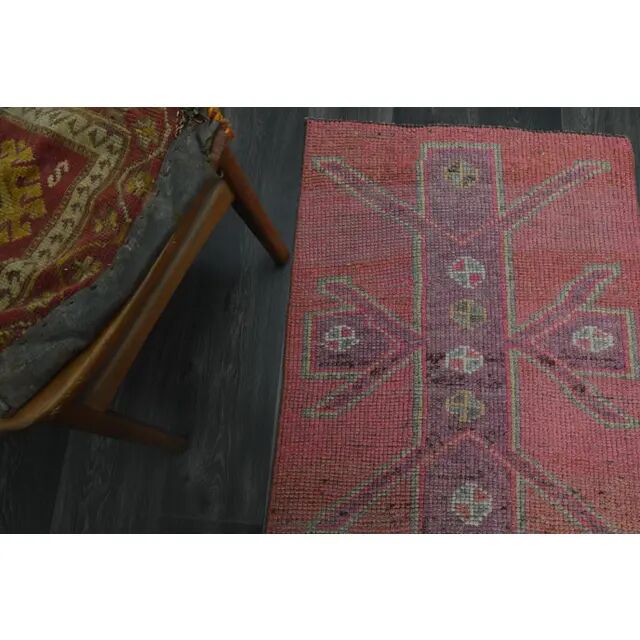 1970s Vintage Turkish Handmade Wool & Cotton Pink Runner Rug 76x344