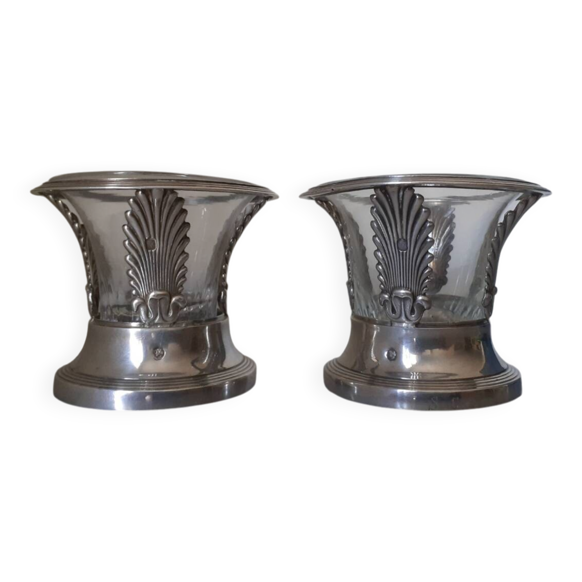 Pair of solid silver and crystal salt cellars