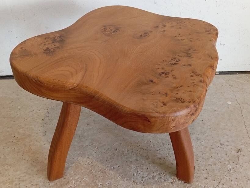 Freeform elm burl tripod coffee table