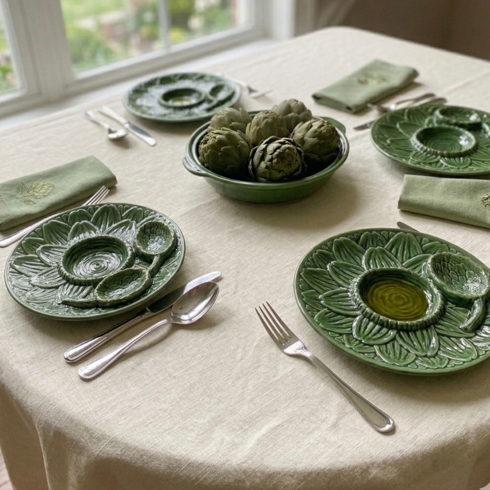 Set of 5 antique barbotine plates decorated with artichokes.