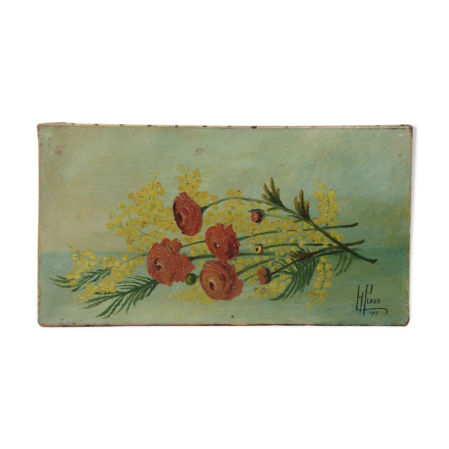 Old painting signed cut flowers 1917