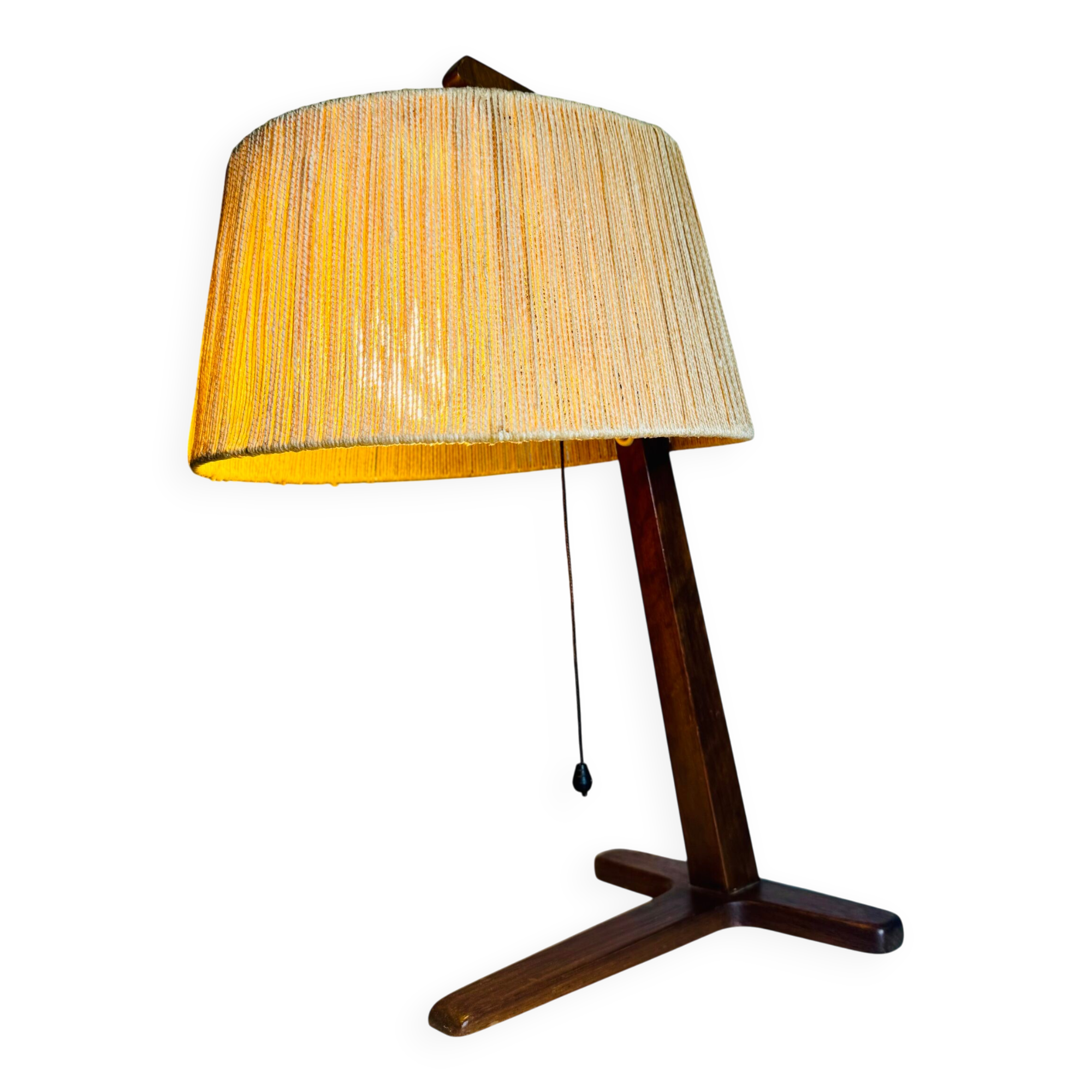 Hemp String & Teak Wood Table Lamp By Ib Fabiansen For Fog & Mørup, Denmark 1950S