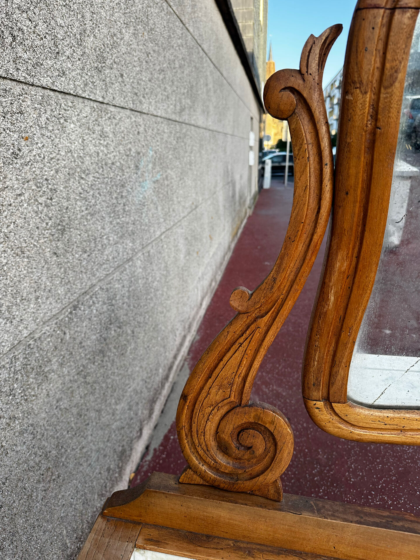 Walnut and marble dressing table, mercury mirror, circa 1850.