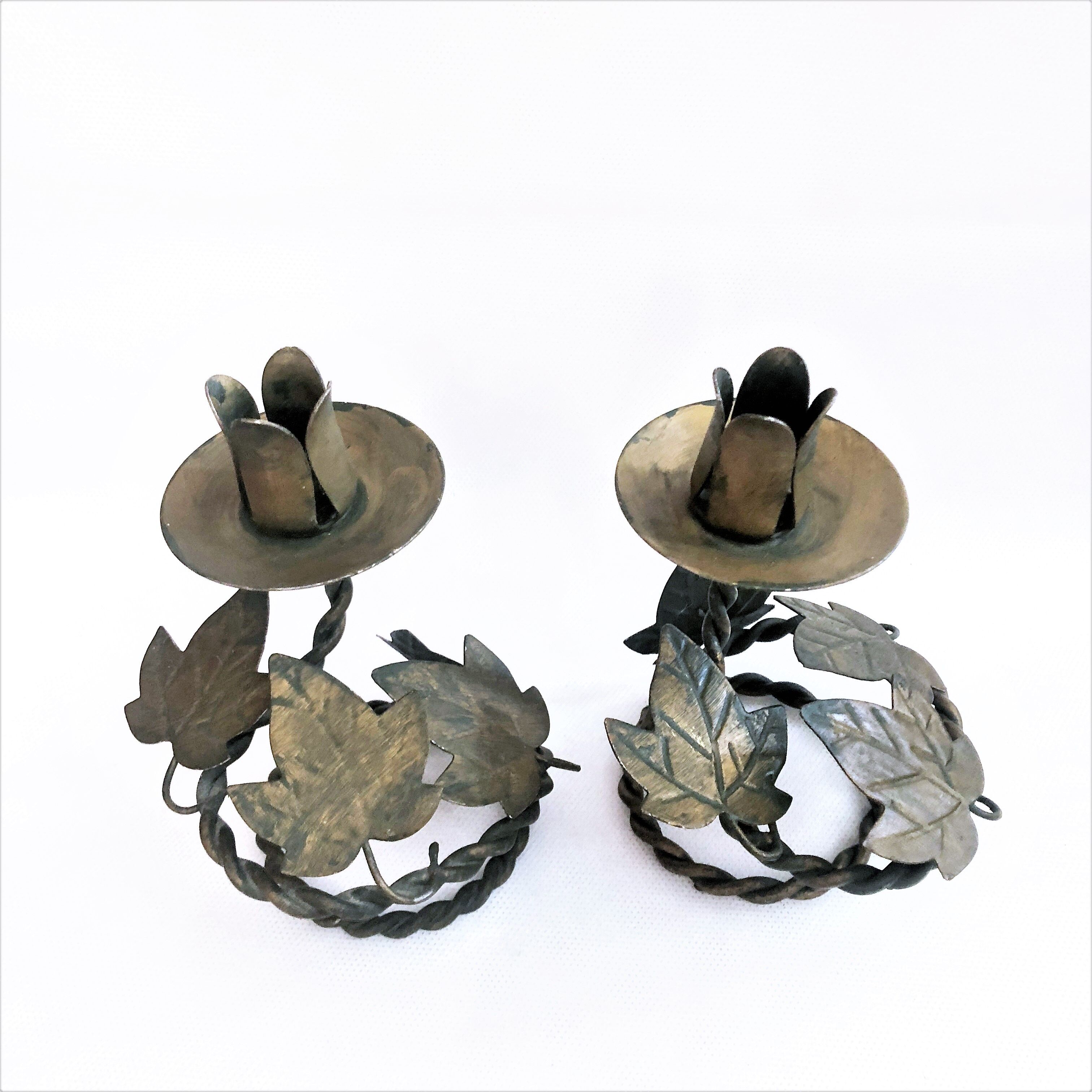 Pair of handcrafted wrought iron candlesticks vintage foliage