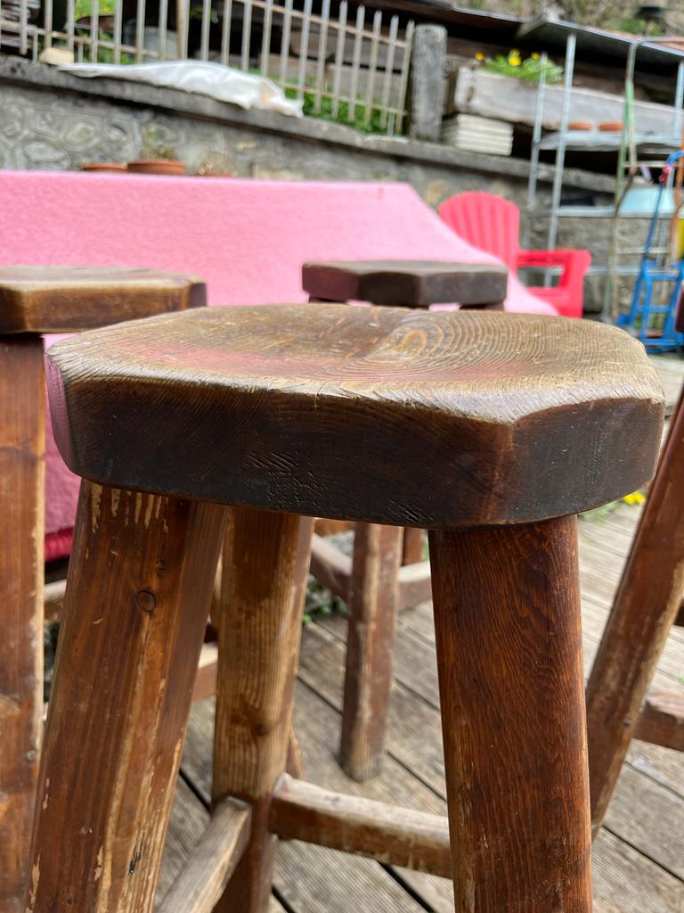 Set of 4 old vintage brutalist fir bar stools