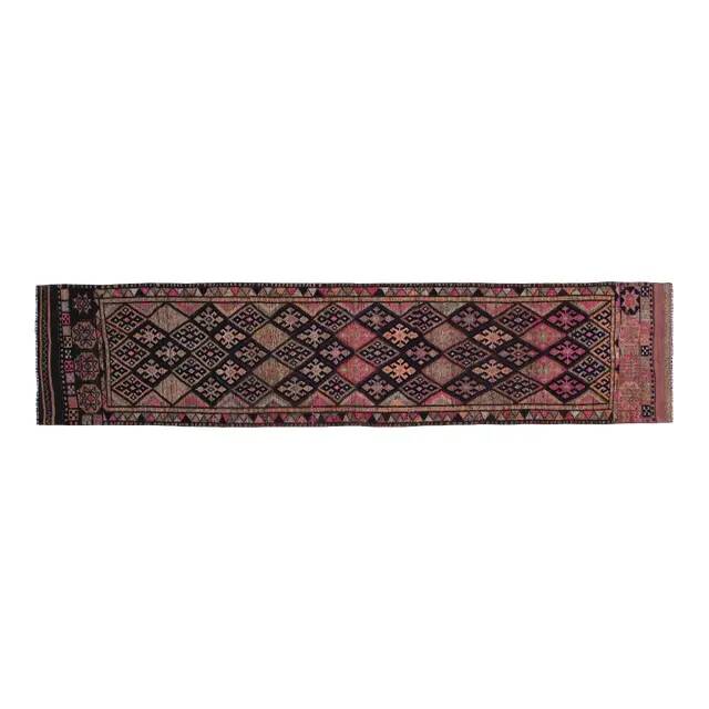 1970s Vintage Turkish Oushak Handmade Wool Cotton Pink Runner Rug 85x377