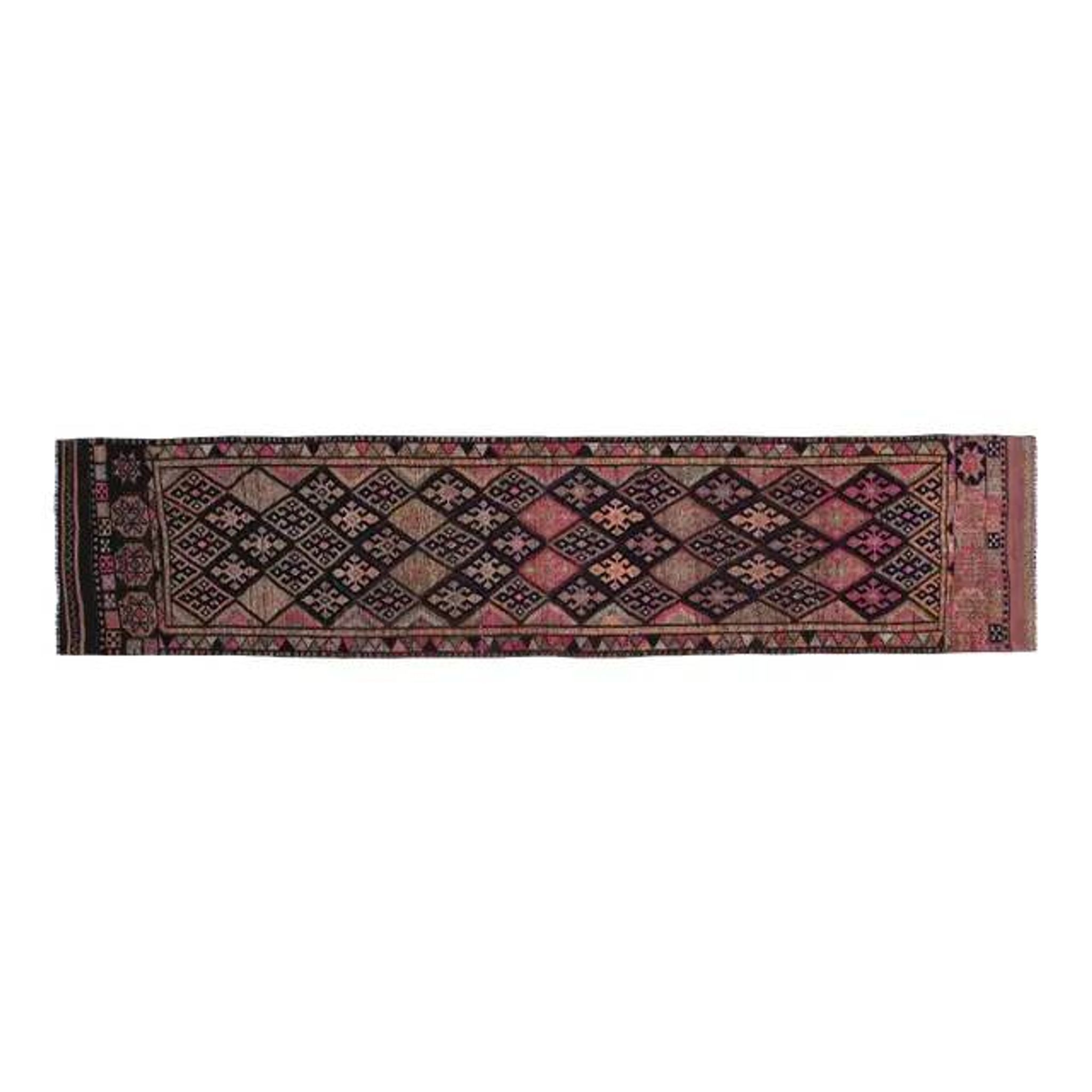 1970s Vintage Turkish Oushak Handmade Wool Cotton Pink Runner Rug 85x377