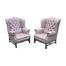 Pair of Chesterfield eared armchairs from the 1980s in pale pink leather