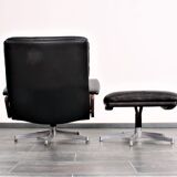 Armchair and footstool by André Vandenbeuck for Strässle in black leather