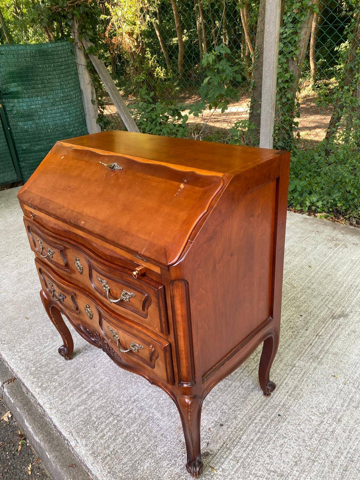 Louis XV solid wood and green leather writing desk secretary, 1950.