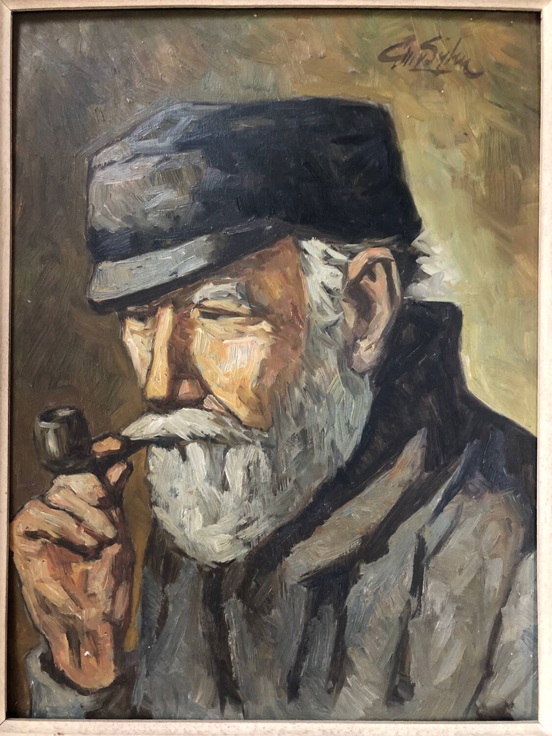 Oil on panel portrait of elderly man with pipe signed