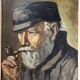 Oil on panel portrait of elderly man with pipe signed