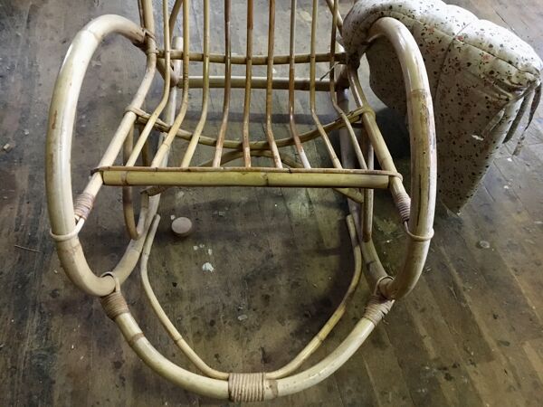 Rocking chair en rotin bambou et osier vintage 1950
