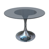 round table with tulip base, chrome and smoked glass