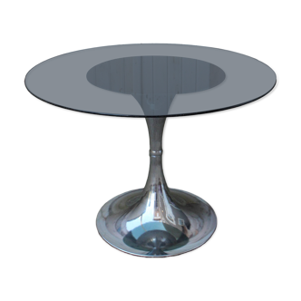 round table with tulip base, chrome and smoked glass