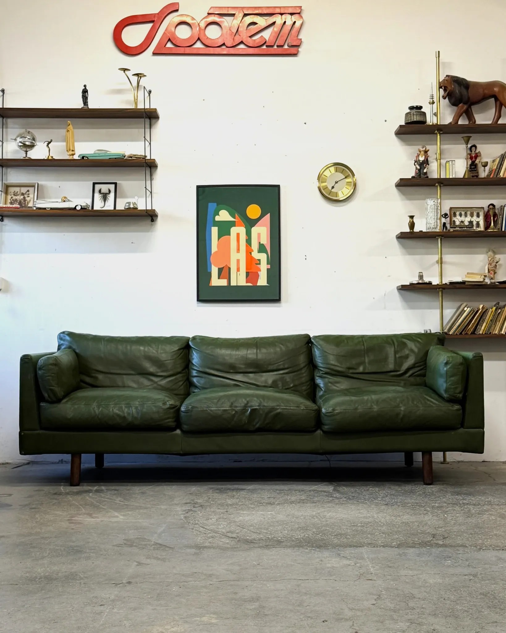 Olive leather sofa, Denmark, 1960s/70s, vintage mid-century modern