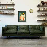 Olive leather sofa, Denmark, 1960s/70s, vintage mid-century modern