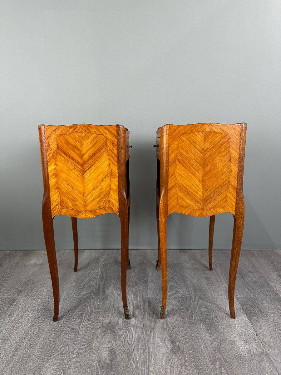 Pair of marquetry bedside tables, 20th century