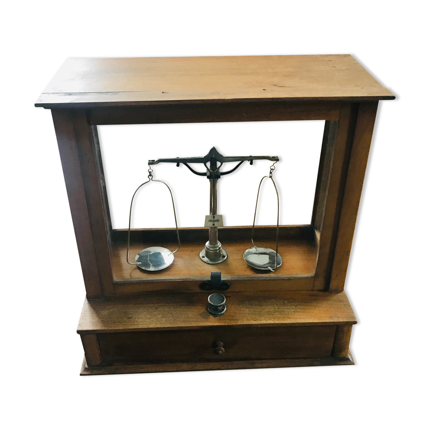 Apothecary trebuchet scale in wooden chest