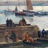Huile sur carton par Paul Morchain scene de port en Bretagne XXe