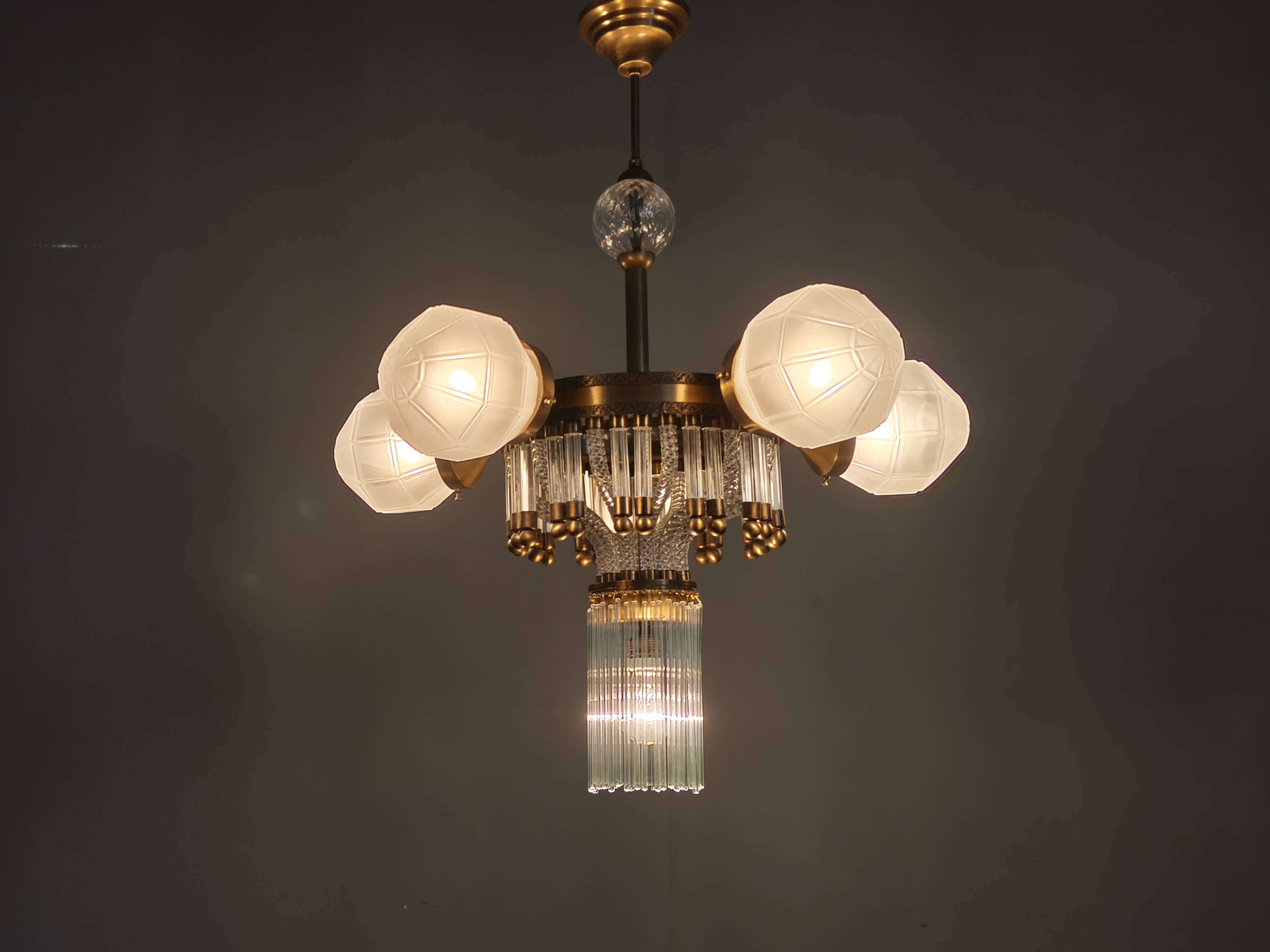 Czech Art Deco Brass and Glass Chandelier, 1950s