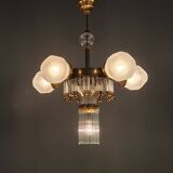 Czech Art Deco Brass and Glass Chandelier, 1950s