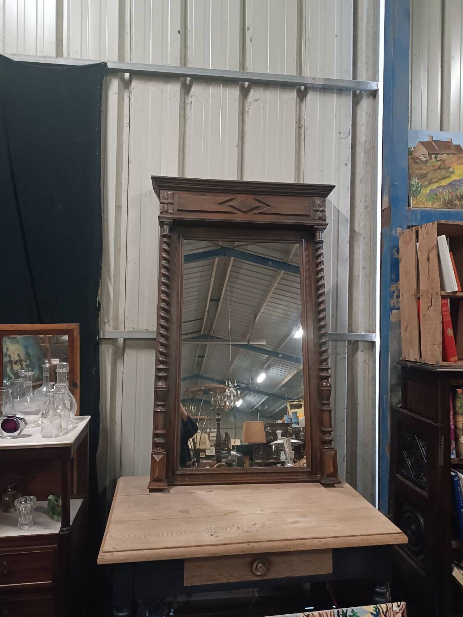 Miroir en chêne à colonnes torsadées