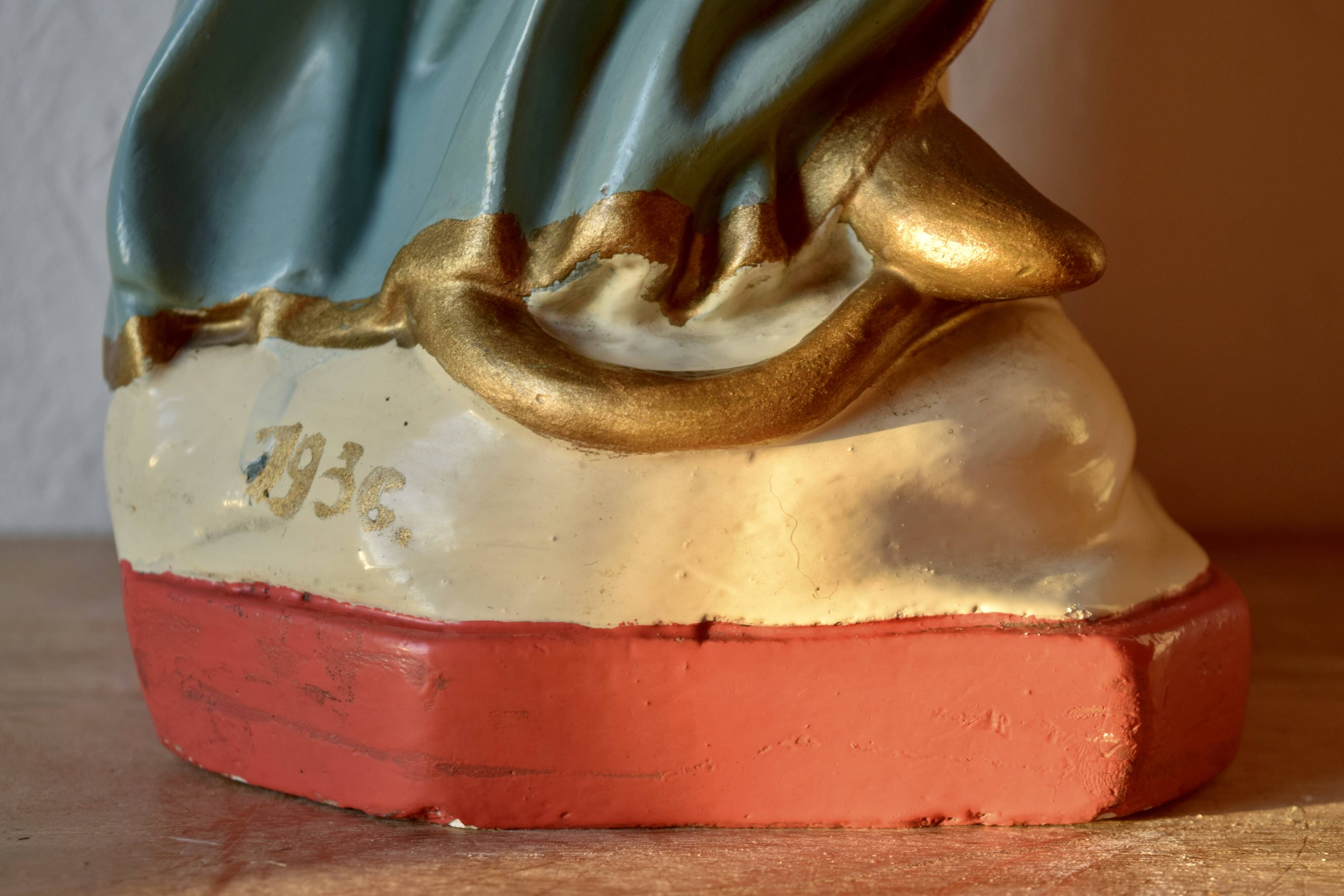 Ancient plaster statue of the Virgin and Child Jesus - hand painted - 54 cm - 1936