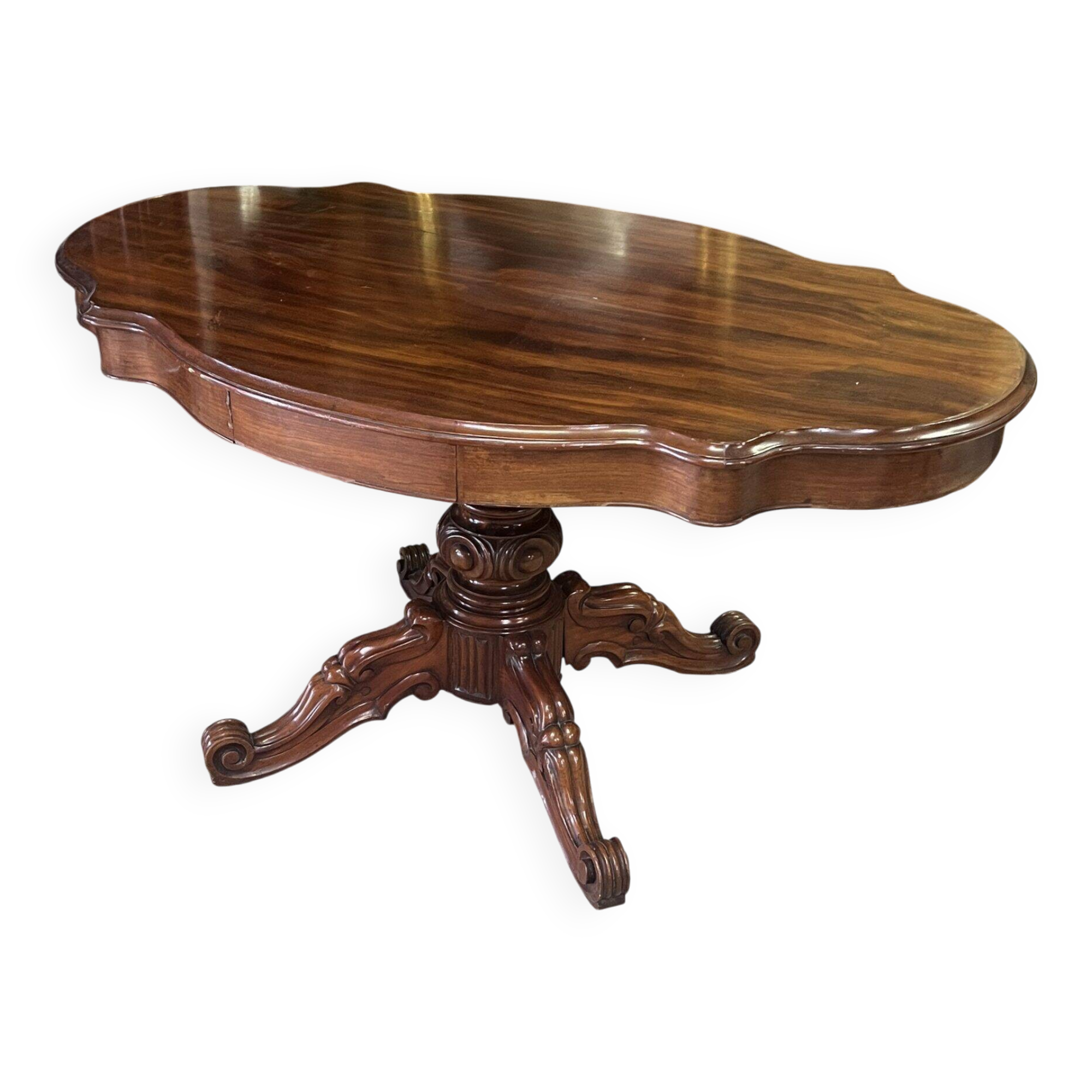 Large Louis Philippe period mahogany fiddle-shaped pedestal table, 19th century