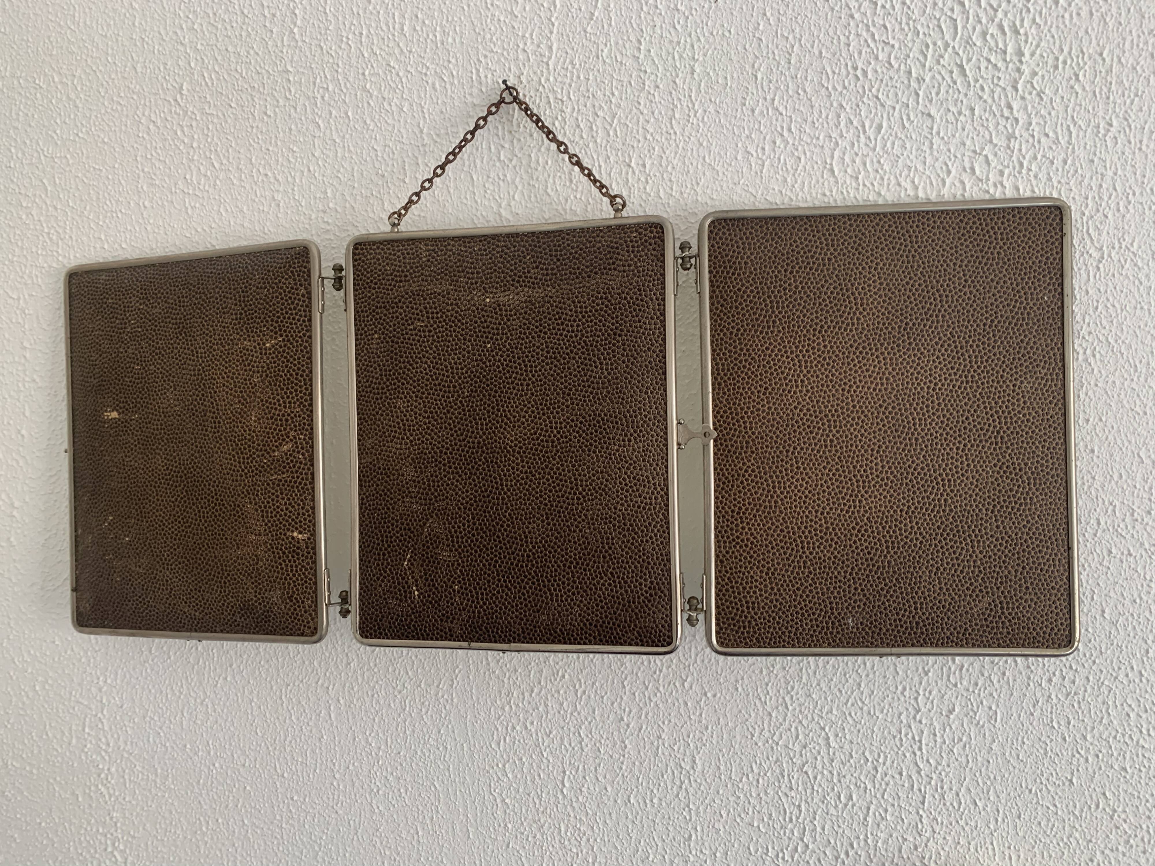 Vintage 1930s triptych barber mirror in brown imitation shagreen - 30 x 77 cm
