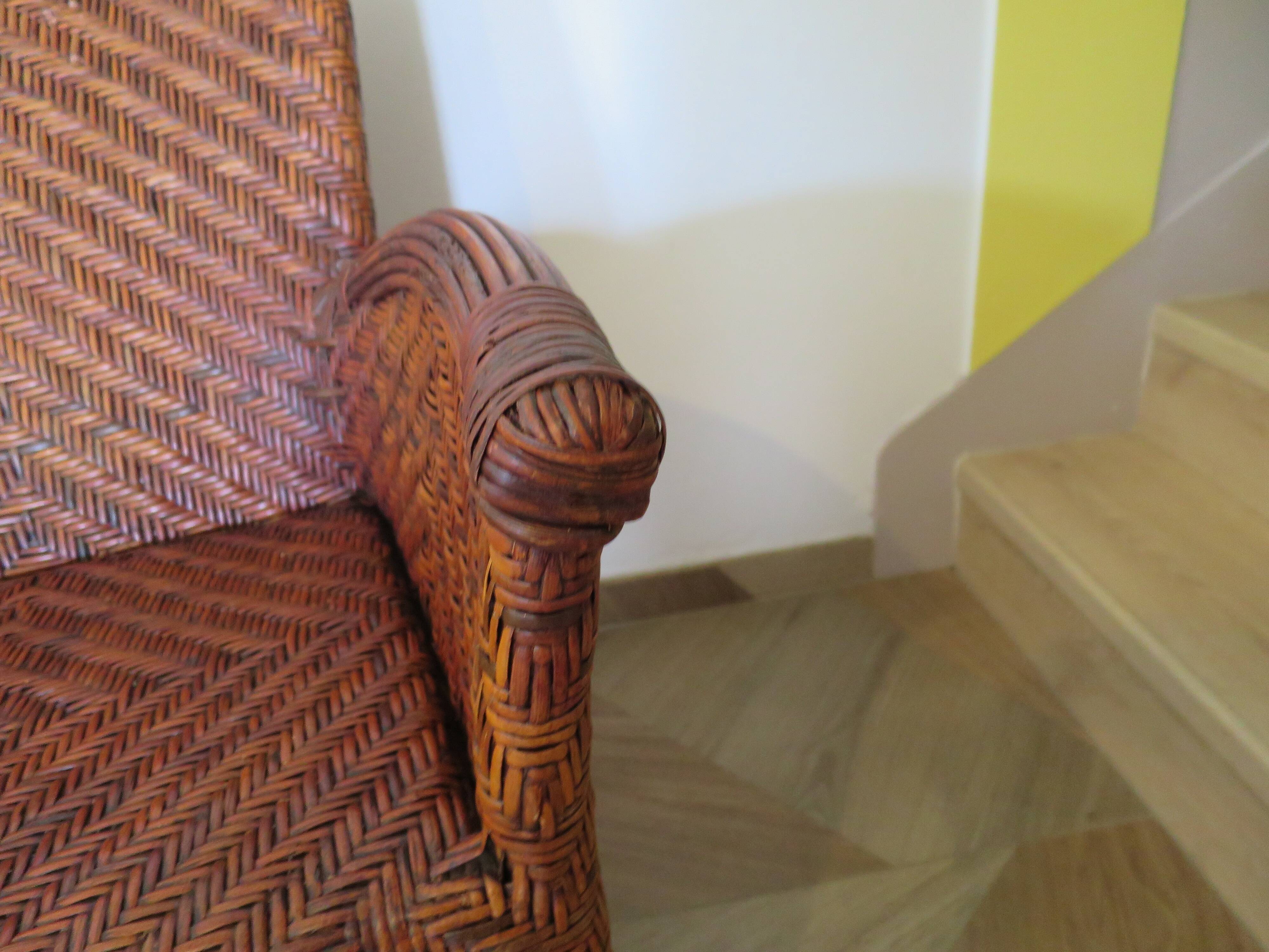 Two-seater banquette in woven rattan, wood and bamboo, 1980s.