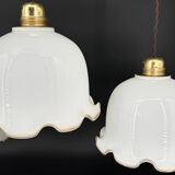 Set of 3 vintage bell-shaped pendants in white opaline with brown trim.