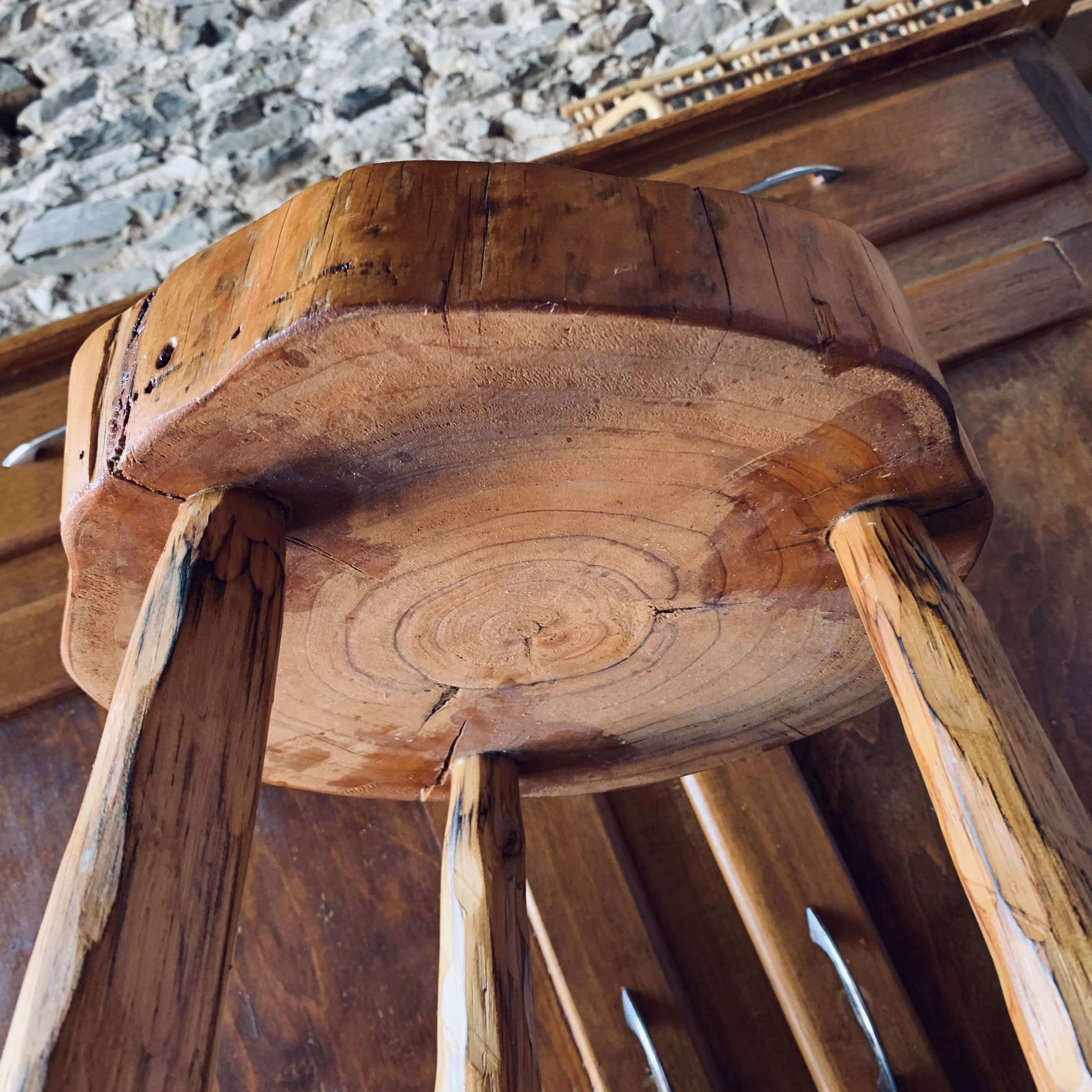 Brutalist tripod high stool - wood